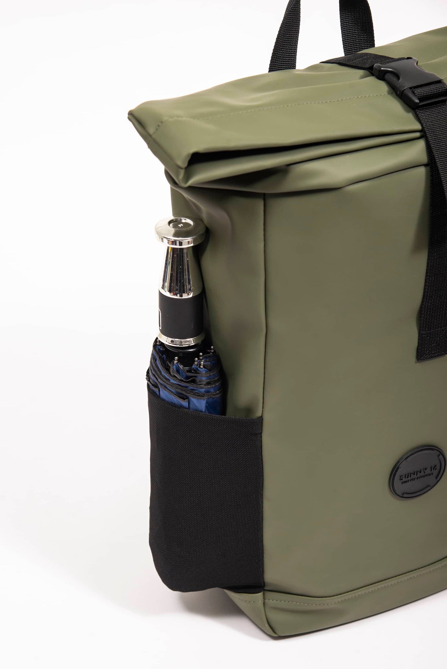 Waterproof Roll Top Backpack - Side Black Pocket Rucksack - Sunny 16