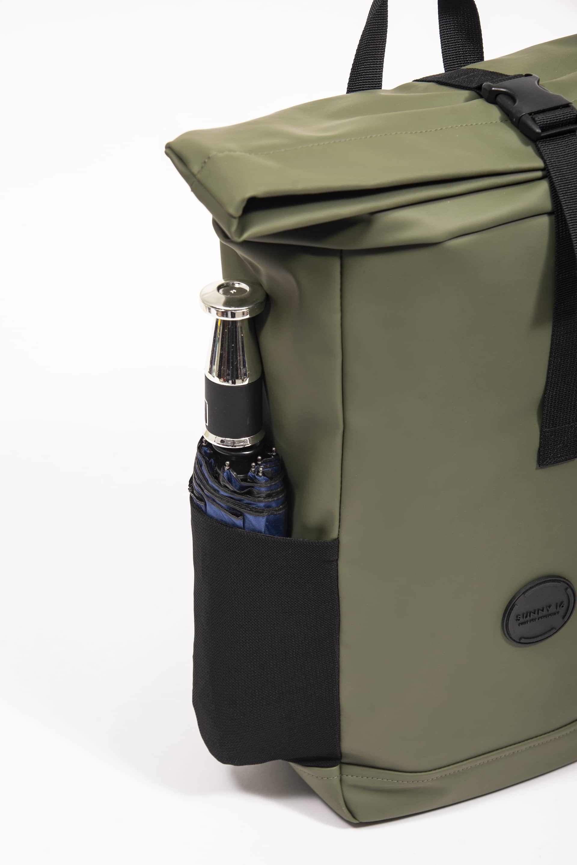 Waterproof Roll Top Backpack - Side Black Pocket Rucksack - Sunny 16